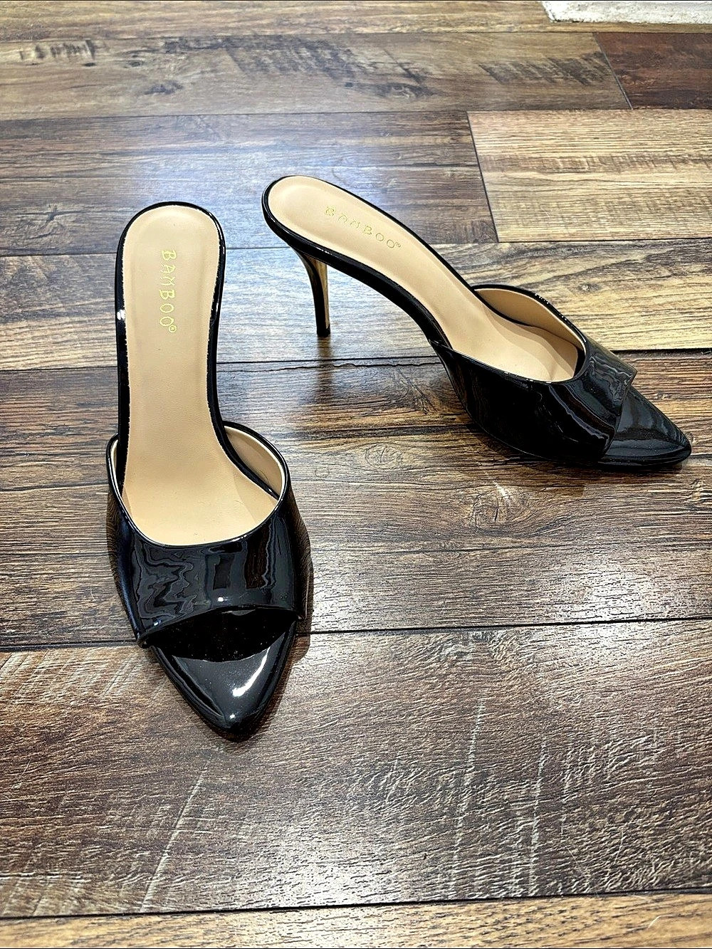 Black Pointed Open Toe Patent Leather Mules Size 10